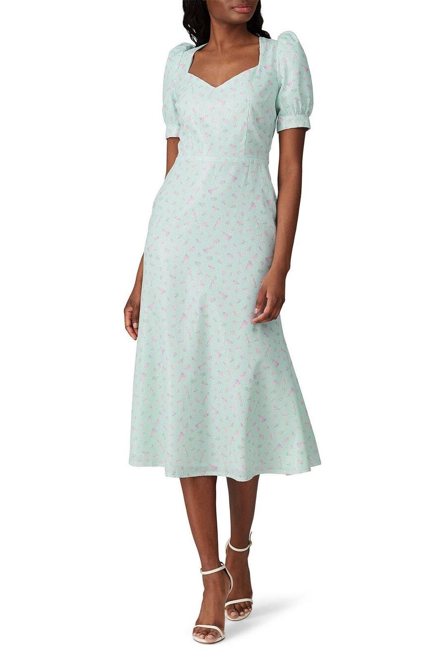Olivia Rubin Sequin Daphne Mint Puff Sleeve Bow Tie Back Midi Dress Size 4